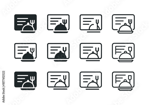 Meal Prep Icons. Meal prep. Icon set. Set Logo of meal prep: recipe card. harmonious logo variations of the same emblematic concept, each with different
