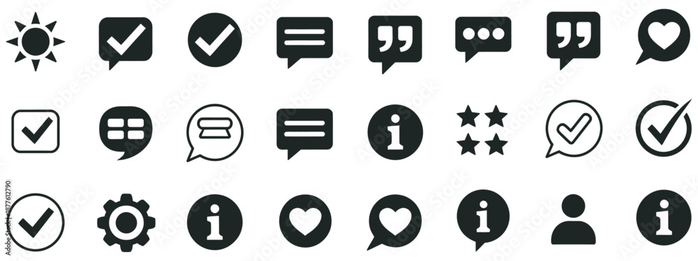 Fototapeta premium Approved checkmark box and social media message, chat and quote icons, vector illustration of speech bubbles, approval ticks, comment symbols, thinking and messaging concepts for UI UX design.