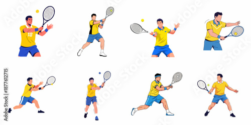 Collection of Male Tennis Players Performing Various Strokes and Dynamic Actions, Including Serve, Volley, Forehand, and Backhand Shots, Isolated on White.