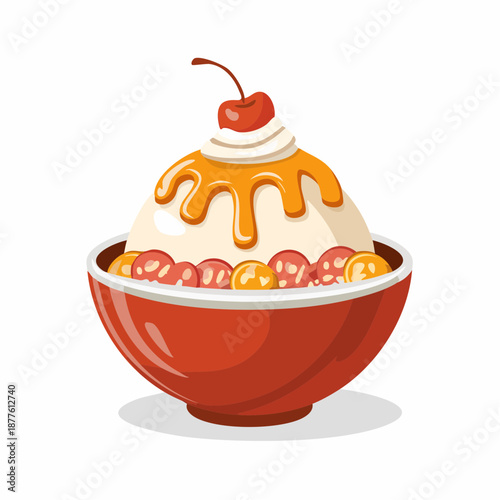 Delicious bowl of ice cream with caramel sauce, fresh fruit, and a cherry on top, a delightful dessert illustration