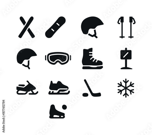 Snow Sports Icons. Snow sports. Solid icon set of Snow sports: skis, snowboard, ski poles, helmet, goggles, snowboard boots, slope sign, snowmobile, ice