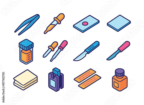 Specimen Tools Icons. Specimen Mounting Tools. Colorful isometric vector icons set of Specimen Mounting Tools: tweezers, pipette, slide, cover slip, staining