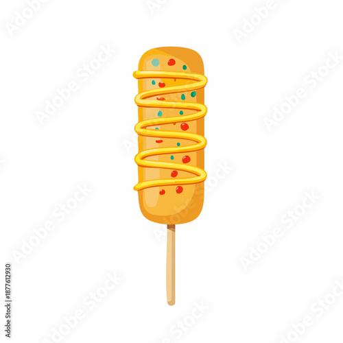 A delightful illustration of a classic corn dog, a popular street food treat on a stick, perfect for culinary themes