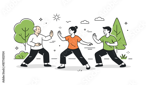Tai Chi Serenity. People doing tai chi in park. Participants practicing tai chi outdoors among trees, slow hand movements and relaxed stance. Connection with