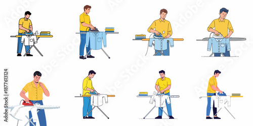 Set of vector illustrations depicting men doing household chores, specifically ironing shirts and laundry maintenance on a board.