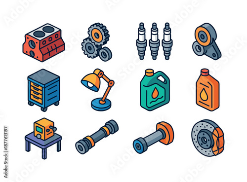 Colorful Workshop Icons. Mechanical workshop. Colorful isometric vector icons set of mechanical workshop: engine block, timing gears, spark plugs set, belt