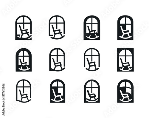 Rocking Chair Emblems. Rocking chair by the window. Icon set. Set Logo of rocking chair by the window: window alcove with rocking chair. harmonious logo
