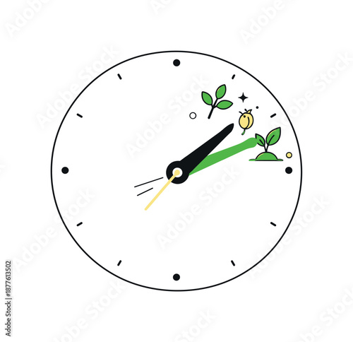 Spring Time Transition. Symbolic Visuals: Clock Pointing to Spring. Minimal clock face with hands moving toward small spring symbols like leaves and buds. Calm
