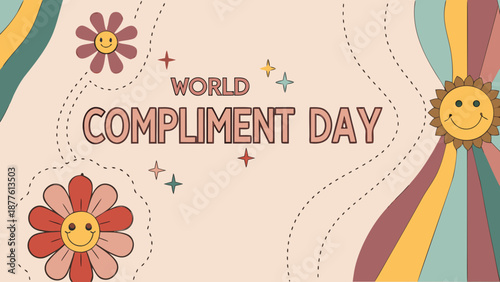 Flat vector illustration of a retro sunshine character and flowers celebrating world compliment day with colorful abstract background with smiling