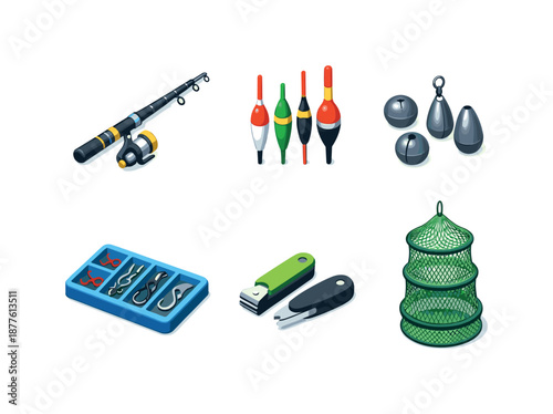 Float Fishing Icons. Float Fishing. Isometric flat vector icons set of Float Fishing: telescopic fishing rod, float bobber set, lead sinker weights, hook