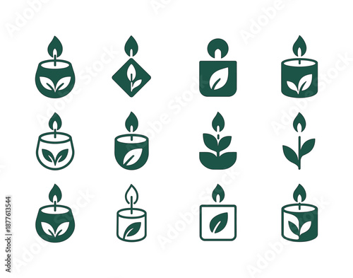 Eco-Friendly Candle Logos. Candle making with eco-friendly wax. Icon set. Set Logo of candle making with eco-friendly wax: wooden wick. harmonious logo