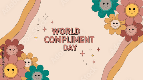 Vibrant flat vector illustration of cheerful smiling flowers celebrating world compliment day with colorful blooms and sparkles on a soft background