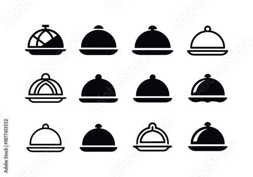 Cooking Show Logos. cooking show. Icon set. Set Logo of cooking show: cloche tray symbol. harmonious logo variations of the same emblematic concept, each with