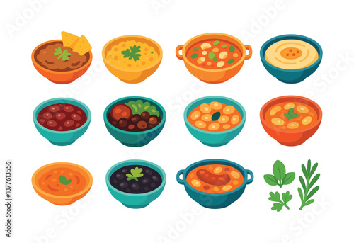 World Bean Icons. World Bean Recipes. Colorful flat vector icons set of World Bean Recipes: Mexican refried beans, Indian dal, Italian bean soup, Middle