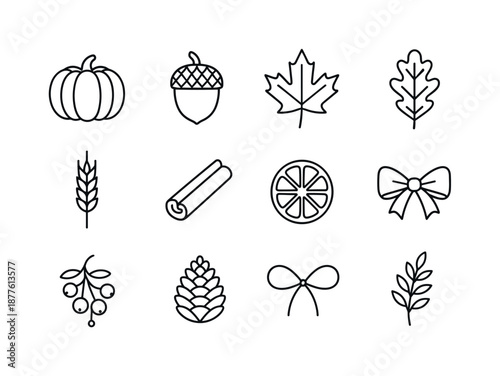 Autumn Wreath Icons. Autumn wreath. Line icon set of Autumn wreath: pumpkin, acorn, maple leaf, oak leaf, wheat stalk, cinnamon stick, dried orange slice,