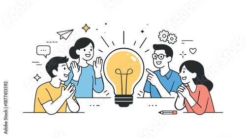 Team Creativity Spark. Collaborative inspiration. Team members reacting to a central idea represented by a light bulb or abstract shape. Shared excitement and