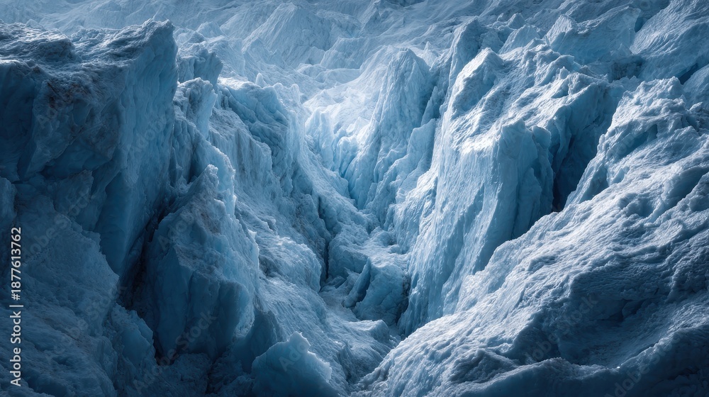 Fototapeta premium Dramatic glacier crevasse with jagged blue ice walls, deep cold shadows, and high detail frozen texture. 