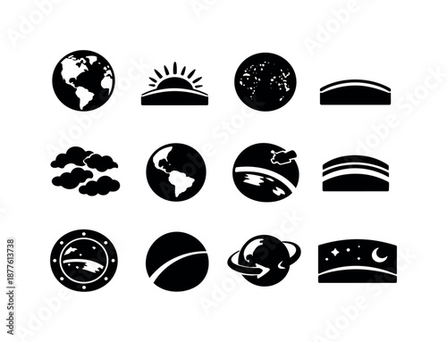Earth Orbit Icon Set. Earth Orbit Views. Solid icon set of Earth Orbit Views: earth from orbit, sunrise over earth, night lights earth, curved horizon, clouds