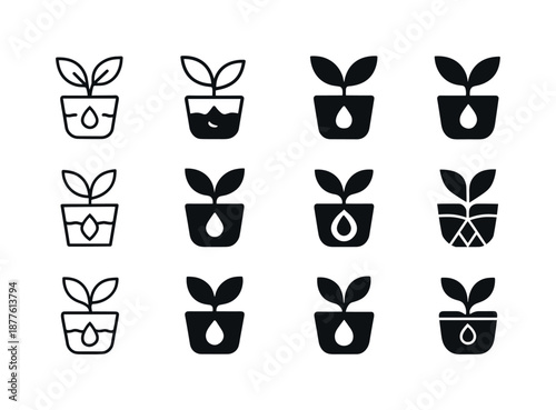 Self-Watering Plant Icons. Self-watering indoor plants. Icon set. Set Logo of Self-watering indoor plants: automatic plant pot. harmonious logo variations of