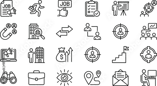 Job recruitment and career development line icon set featuring hiring process employment search human resources business growth symbols