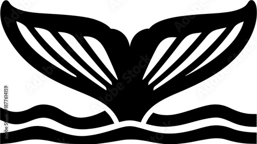 Black silhouette of whale tail, emerging from water, with white wavy lines