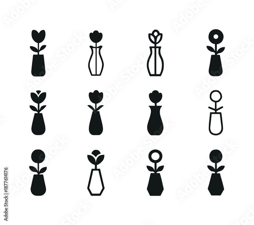 Tabletop Vase Icons. Tabletop flower vase. Icon set. Set Logo of tabletop flower vase: tall slender vase. harmonious logo variations of the same emblematic