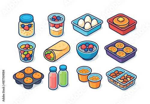 Isometric Breakfast Icons. Meal prep breakfasts. Colorful isometric vector icons set of meal prep breakfasts: overnight oats jar, yogurt parfait, boiled eggs