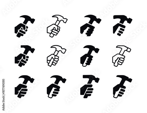 Hands-On Job Icons. Hands-on job. Icon set. Set Logo of hands-on job: hammer. harmonious logo variations: Filled silhouette, Minimal outline, Negative space,