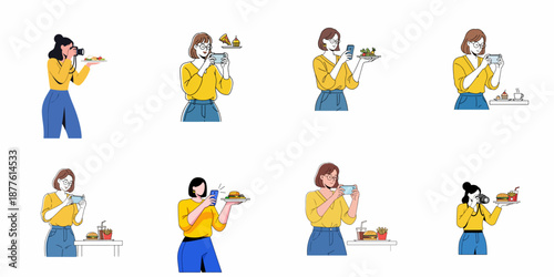 Food photography concept set: Female bloggers capture meals using digital cameras and smartphones for sharing on social media and culinary platforms.