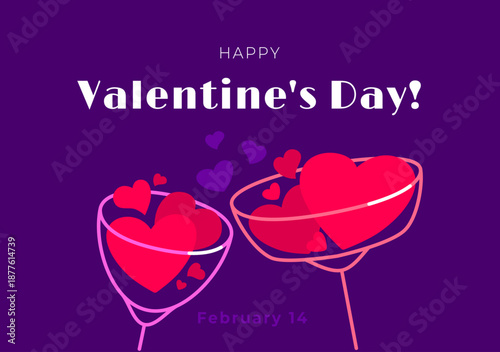 Two glasses with romantic hearts. Vector illustration for Valentines day on purple background