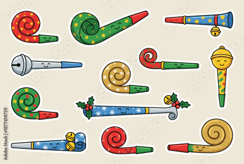 Christmas party horns with colorful designs and festive themes  