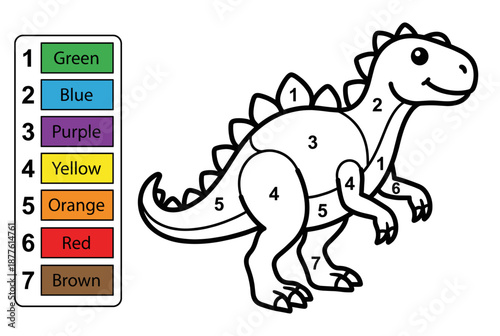 Coloring page of a dinosaur with numbered sections for children  
