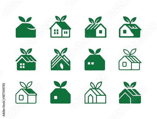 Energy-efficient Home Icons. Energy-efficient home design trends. Icon set. Set Logo of energy-efficient home design trends: green roof concept. harmonious