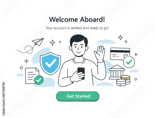 Seamless Onboarding Experience. Customer onboarding compliance. A new user welcomed into a fintech platform after completing verification steps. Smooth entry,