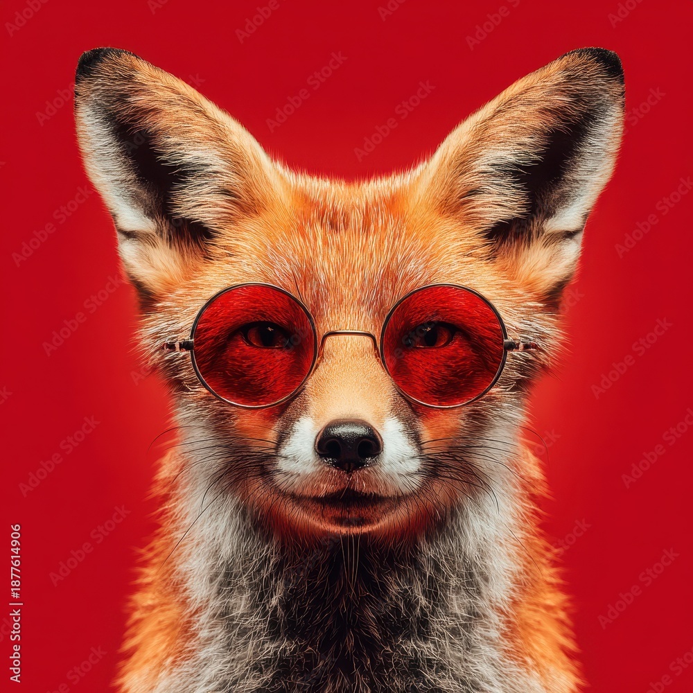 Fototapeta premium Cute fox portrait wearing round red sunglasses against a bold red background with crisp fur texture and playful fashion attitude. 