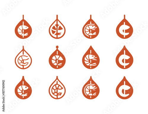 Shrimp Skewer Logos. Shrimp skewers. Icon set. Set Logo of shrimp skewers: shrimp marinade droplet. harmonious logo variations of the same emblematic concept,