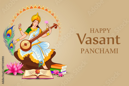illustration of Vasant Panchami Saraswati Puja Indian festival background