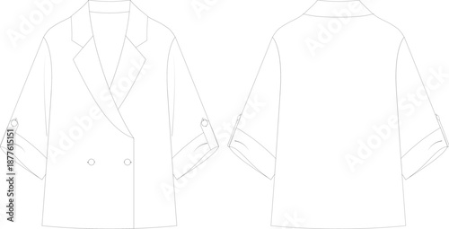 DOUBLE-BREASTED BLAZER WITH ROLLED-UP SLEEVES front and back view flat sketch technical drawing
