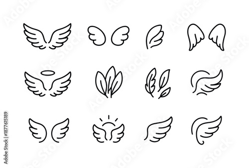 Angel Wing Icons. Angel wings. Line icon set of angel wings: expanded wings, compact wings, wing flare icon, feathery ridge, floating shimmer, halo above