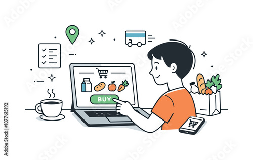 Online Grocery Shopping. Online grocery shopping. Person ordering groceries on a laptop or smartphone at home. Modern convenience and digital everyday life.