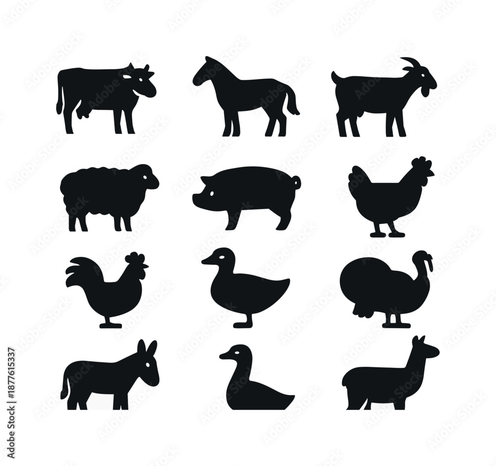 Fototapeta premium Farm Animal Icons. Farm animals. Solid icon set of farm animals: cow, horse, goat, sheep, pig, chicken, rooster, duck, turkey, donkey, goose, llama. Filled