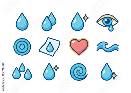 Soft Tears Icons. Soft tears. Colorful isometric vector icons set of soft tears: single droplet, double tear, shimmering tear, moist eye symbol, ripple ring,