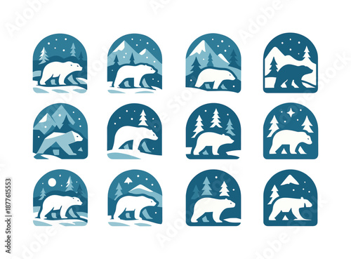 Snowy Animal Icons. Snowy landscapes with animals in winter habitats. Icon set. Set Logo of snowy landscapes with animals in winter habitats: polar bear.