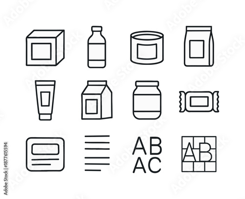 Packaging Icon Set. Packaging labels. Line icon set of Packaging labels: product box, bottle label, tin can, bag icon, tube package, carton icon, jar label,