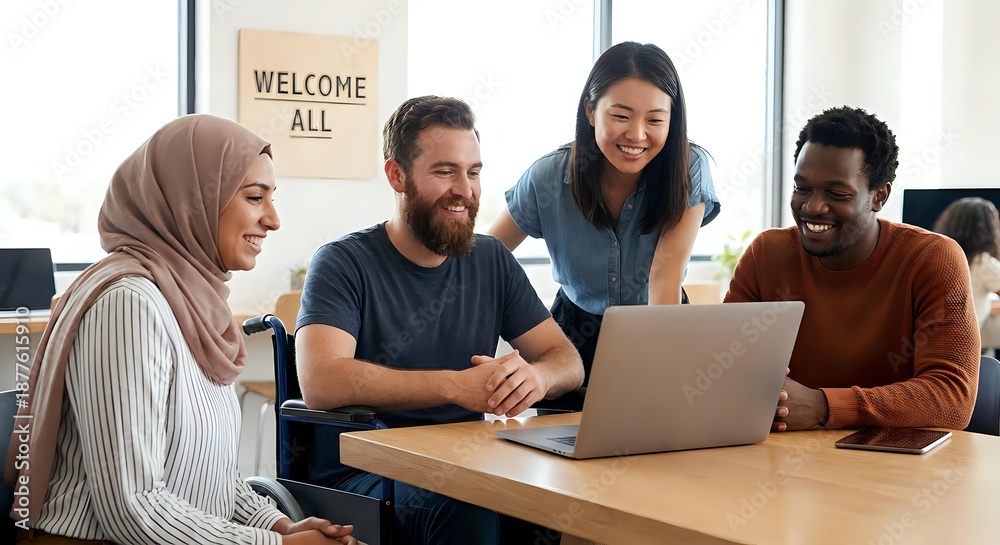 Fototapeta premium Diverse team of young professionals collaborating on laptop in modern office with welcome all sign promoting workplace inclusion and teamwork.
