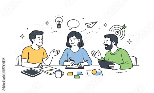 Creative Team Collaboration. Marketing team collaboration. Small group discussing ideas around a table with notes and tablets. Calm teamwork and creative