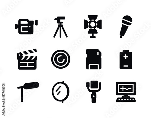 Video Production Icons. Video production tools. Solid icon set of video production tools: video camera, tripod, lighting lamp, microphone, clapperboard, lens,