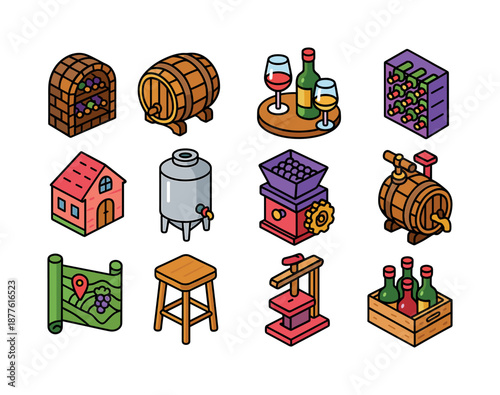 Isometric Winery Icons. Winery. Colorful isometric vector icons set of winery: wine cellar, oak barrel, tasting table, bottle rack, winery building,