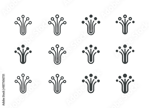 Smart Textiles Icons. Smart textiles. Icon set. Set Logo of smart textiles: illuminated fiber strand. harmonious logo variations of the same emblematic