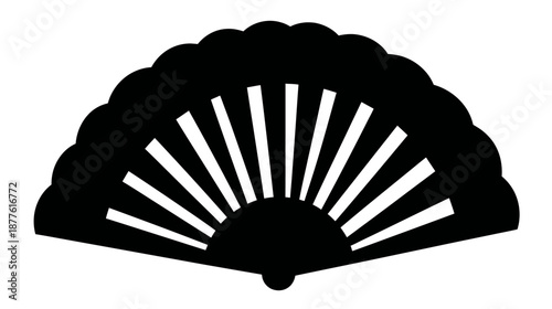 Black and white illustration of an open fan with scalloped edges and radiating stripes